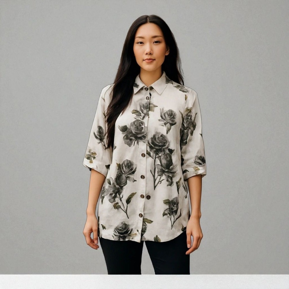 Sacred Threads Black‎ Floral Button-Up Top Relaxed Fit Rayon Shirt OS